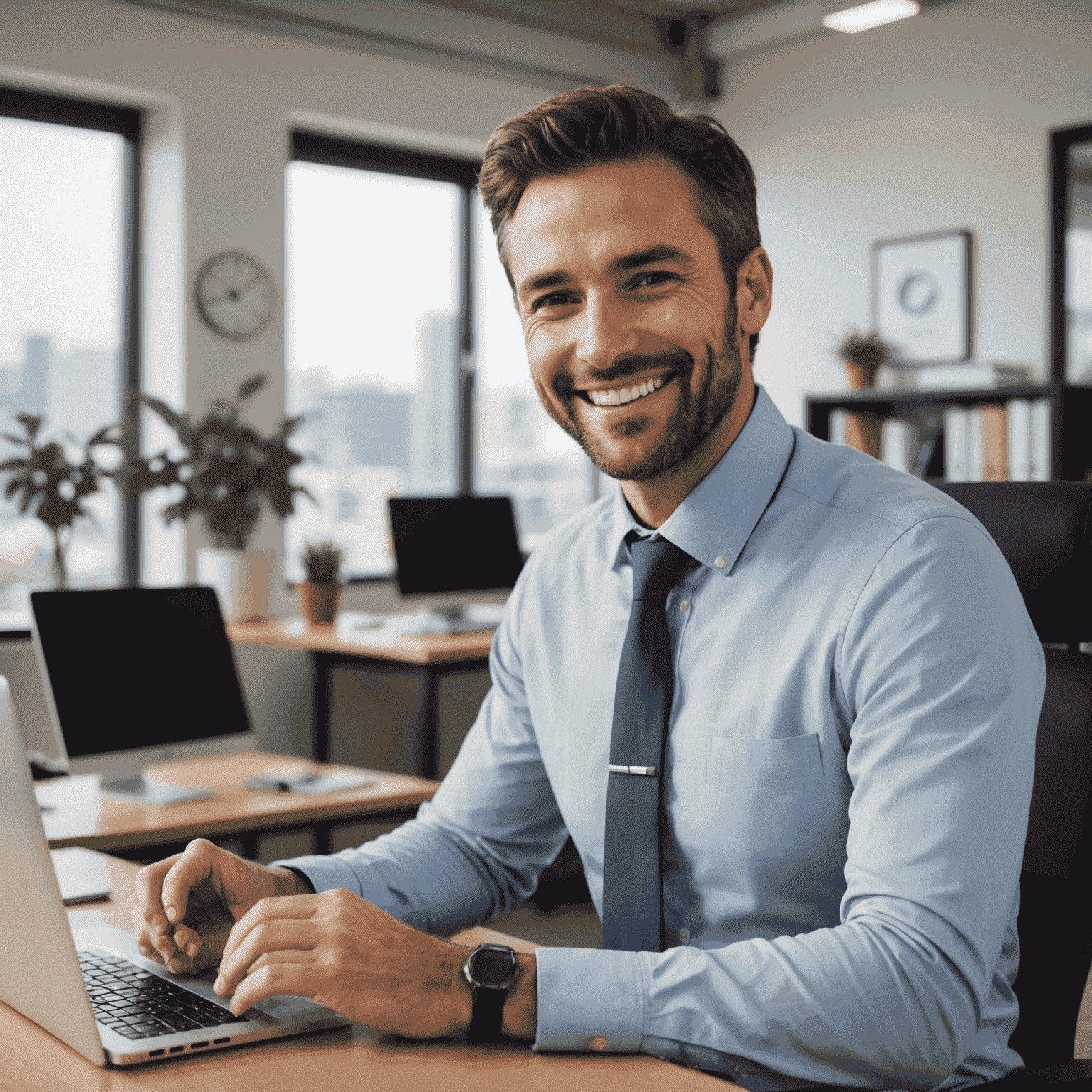 Ein lächelnder Geschäftsmann in einem Büro, der ein Videogespräch auf Englisch führt