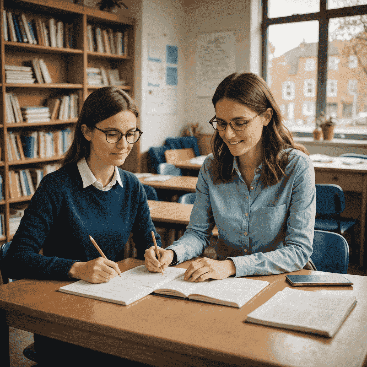 Ein Lehrer gibt einem Schüler Einzelunterricht in Englisch an einem Tisch mit Büchern und Notizen