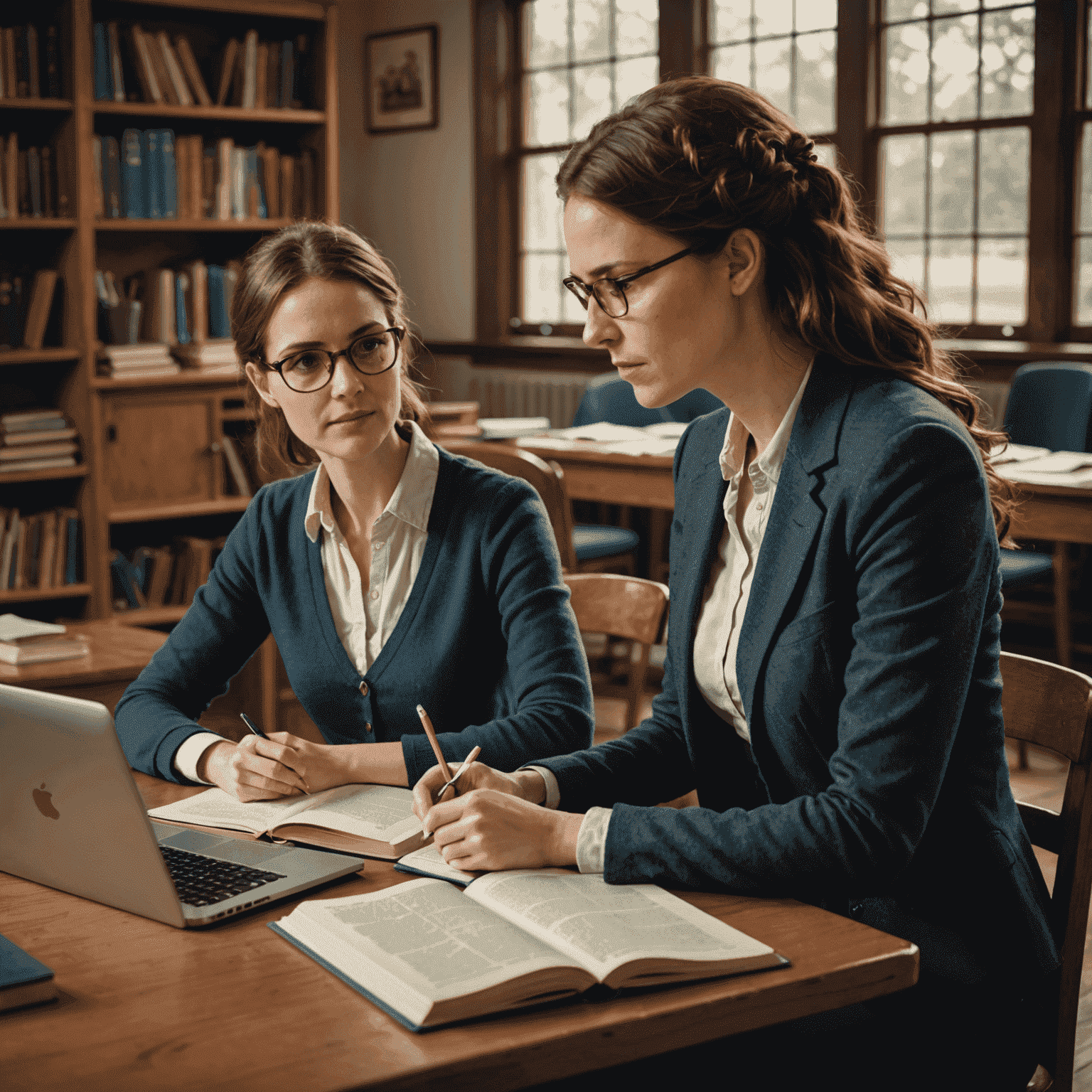 Eine Englischlehrerin gibt einer Schülerin Einzelunterricht an einem Tisch mit Büchern und einem Laptop