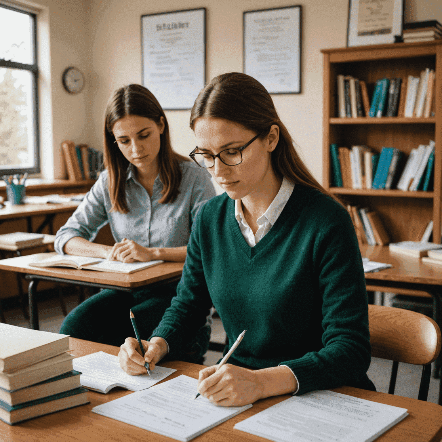Ein Lehrer, der einem Schüler bei der Vorbereitung auf eine Englischprüfung hilft. Sie sitzen an einem Tisch mit Büchern und Notizen für IELTS, TOEFL und Cambridge-Zertifikate.