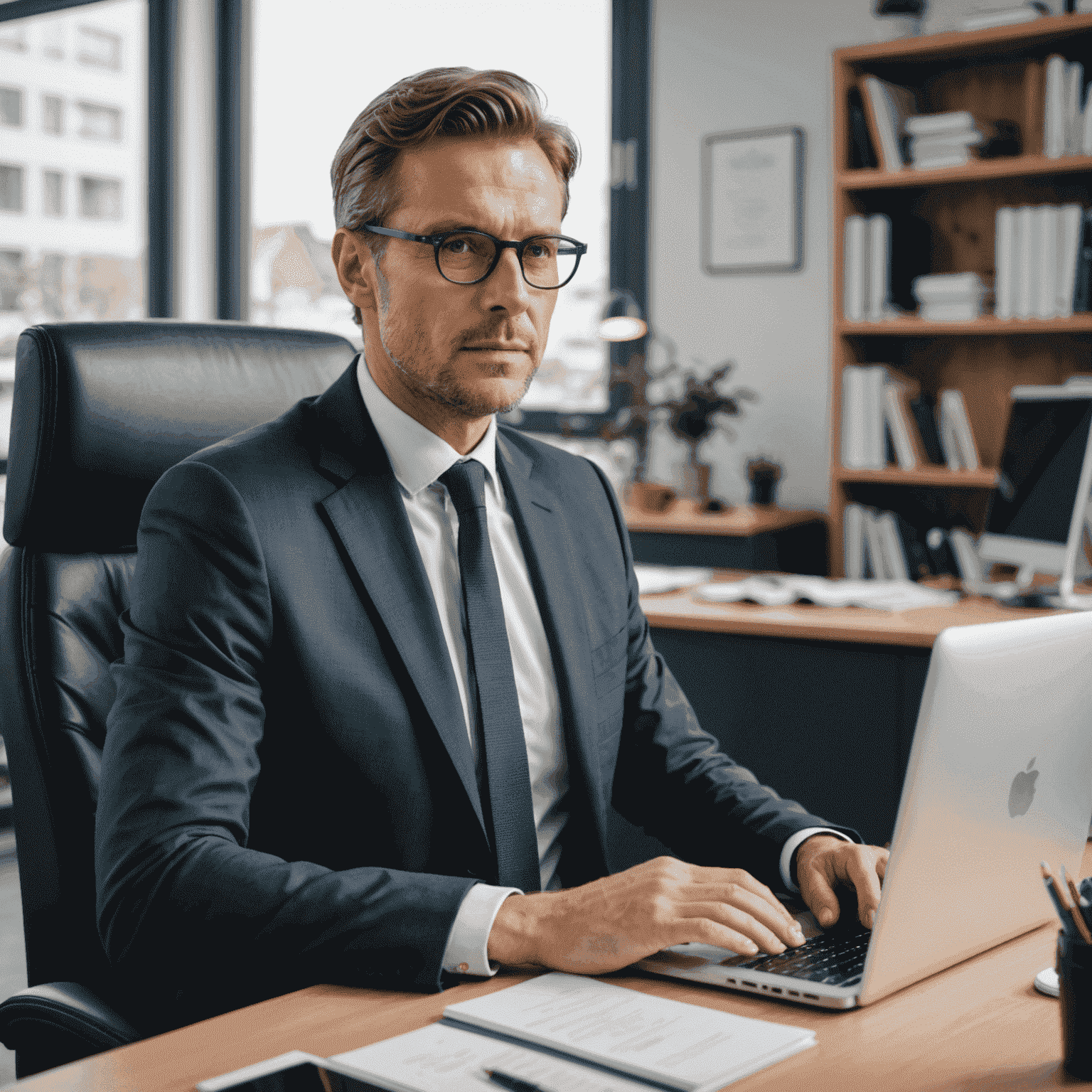 Ein deutscher Geschäftsmann nimmt an einem Online-Englischkurs teil, während er in seinem Büro sitzt