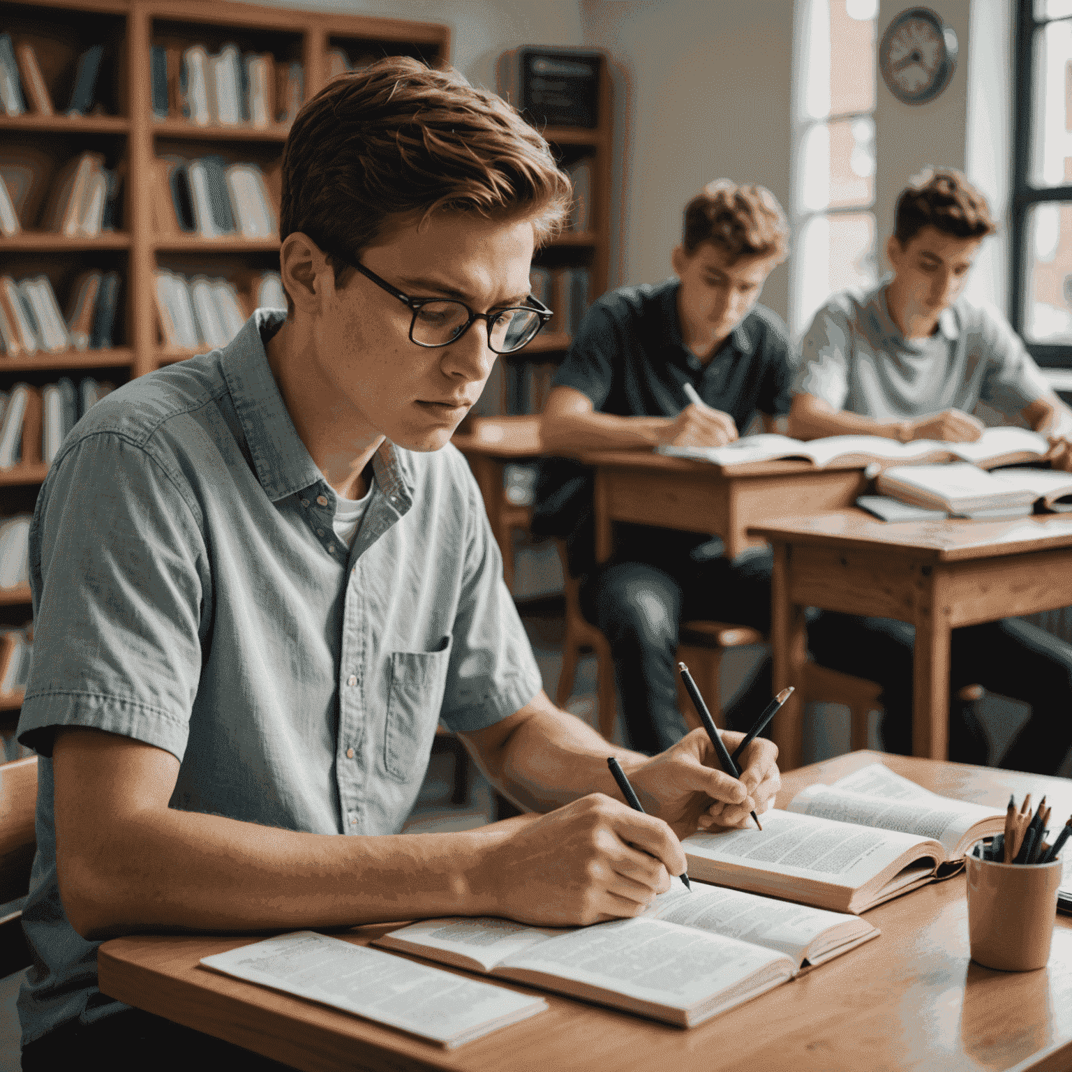 Ein Bild, das einen Studenten zeigt, der konzentriert einen englischen Text liest. Neben ihm liegt ein Wörterbuch und Notizblock.