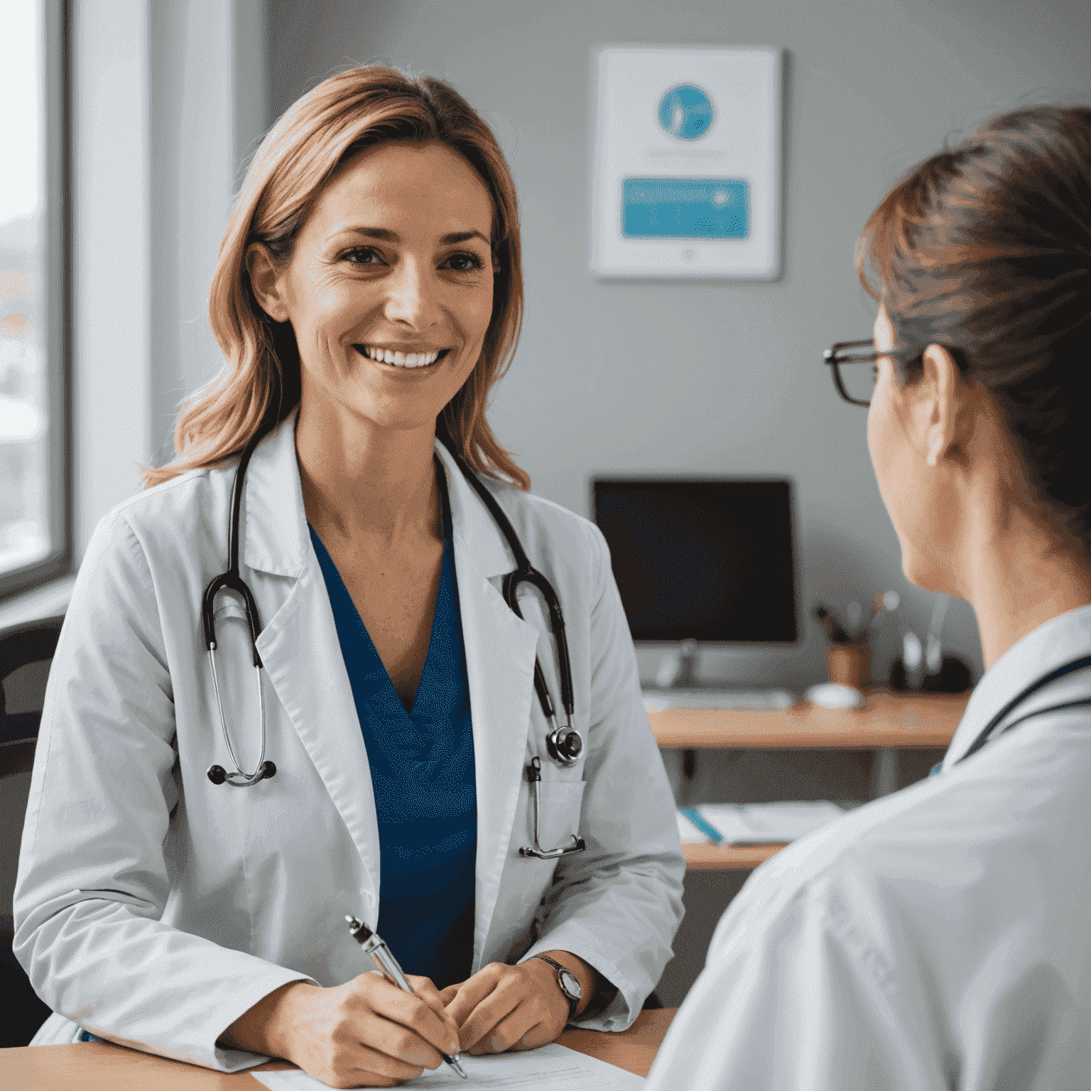 Eine Ärztin, die selbstsicher mit einem ausländischen Patienten spricht und dabei lächelt
