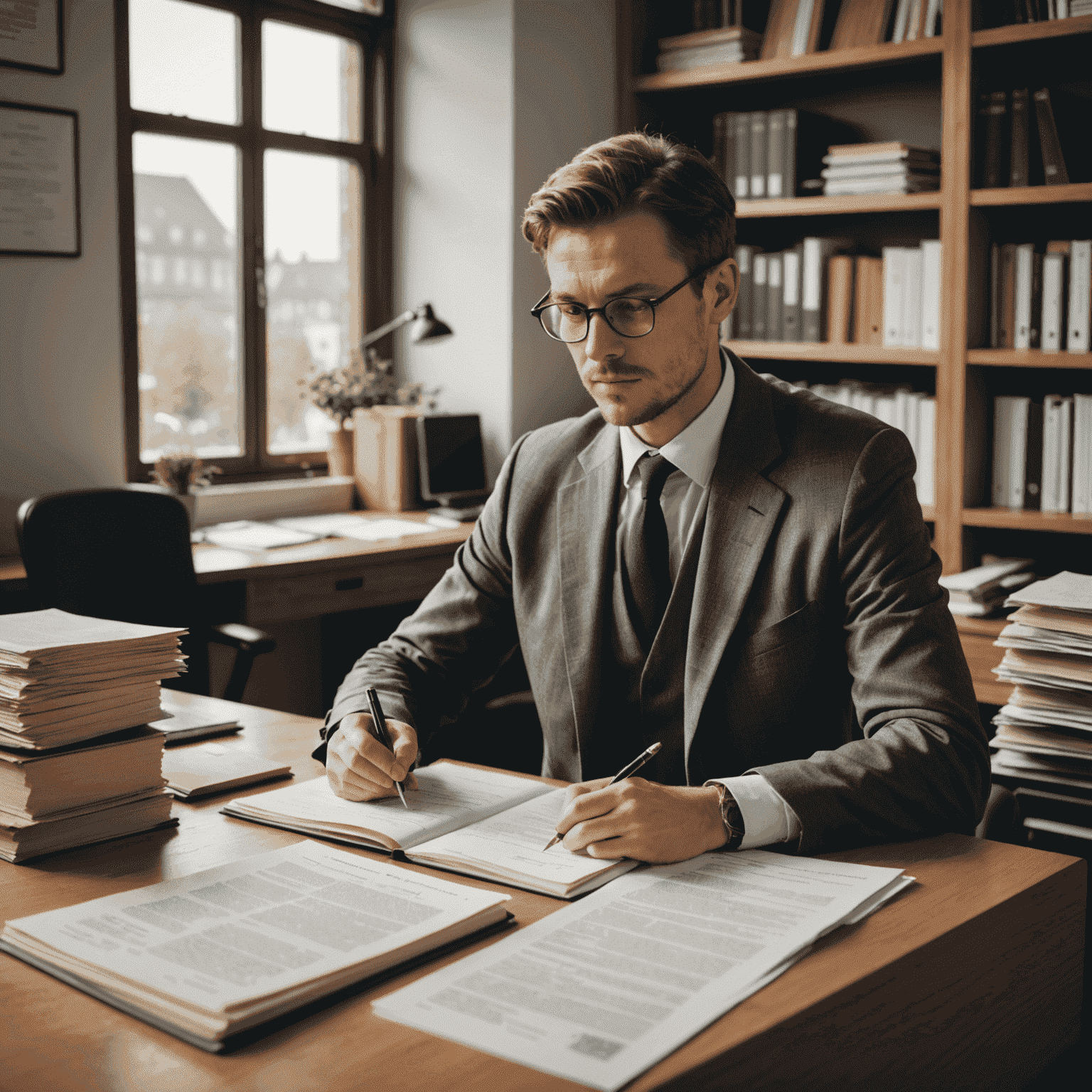 Ein Übersetzer arbeitet an einem Schreibtisch mit deutschen und englischen Dokumenten